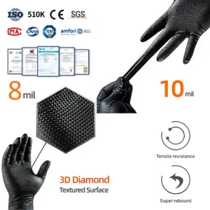 ANBOSON 10 Mil Diamond Grip Disposable Nitrile Gloves Black for Heavy Duty Automotive Chemical Use Food Touch Screen Anti-Static