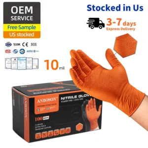 Anboson 10mil Orange Disposable Nitrile Gloves Diamond Texture for Auto Repair Mechanics and Garage Safety