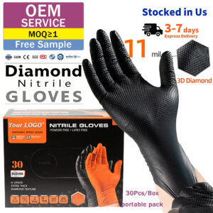ANBOSON EN374 11Mil Black Nitrile Mechanic Gloves Diamond Texture Disposable Gloves 30pcs/box Heavy Duty 8Mil 10Mil Auto Repair DIY