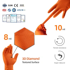 Anboson 10mil Orange Disposable Nitrile Gloves Diamond Texture for Auto Repair Mechanics and Garage Safety
