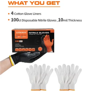 ANBOSON AQL1.5 EN374 BBQ Black 10mil Diamond Grip Nitrile Gloves Meat Processing Butcher Food Grade Guantes De Nitrilo Heavy Duty