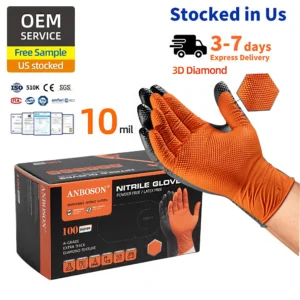 ANBOSON 10mil Industrial Orange Nitrile Gloves Diamond Grip Puncture Resistant Heavy Duty Powder-Free for Workshop Handling