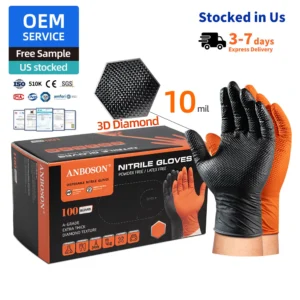 Anboson Factory Wholesale Nitrile Examination Glove Diamond Dotted Duty Powder Free Black Disposable Nitrile Gloves