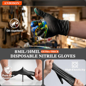 ANBOSON EN374 11Mil Black Nitrile Mechanic Gloves Diamond Texture Disposable Gloves 30pcs/box Heavy Duty 8Mil 10Mil Auto Repair DIY