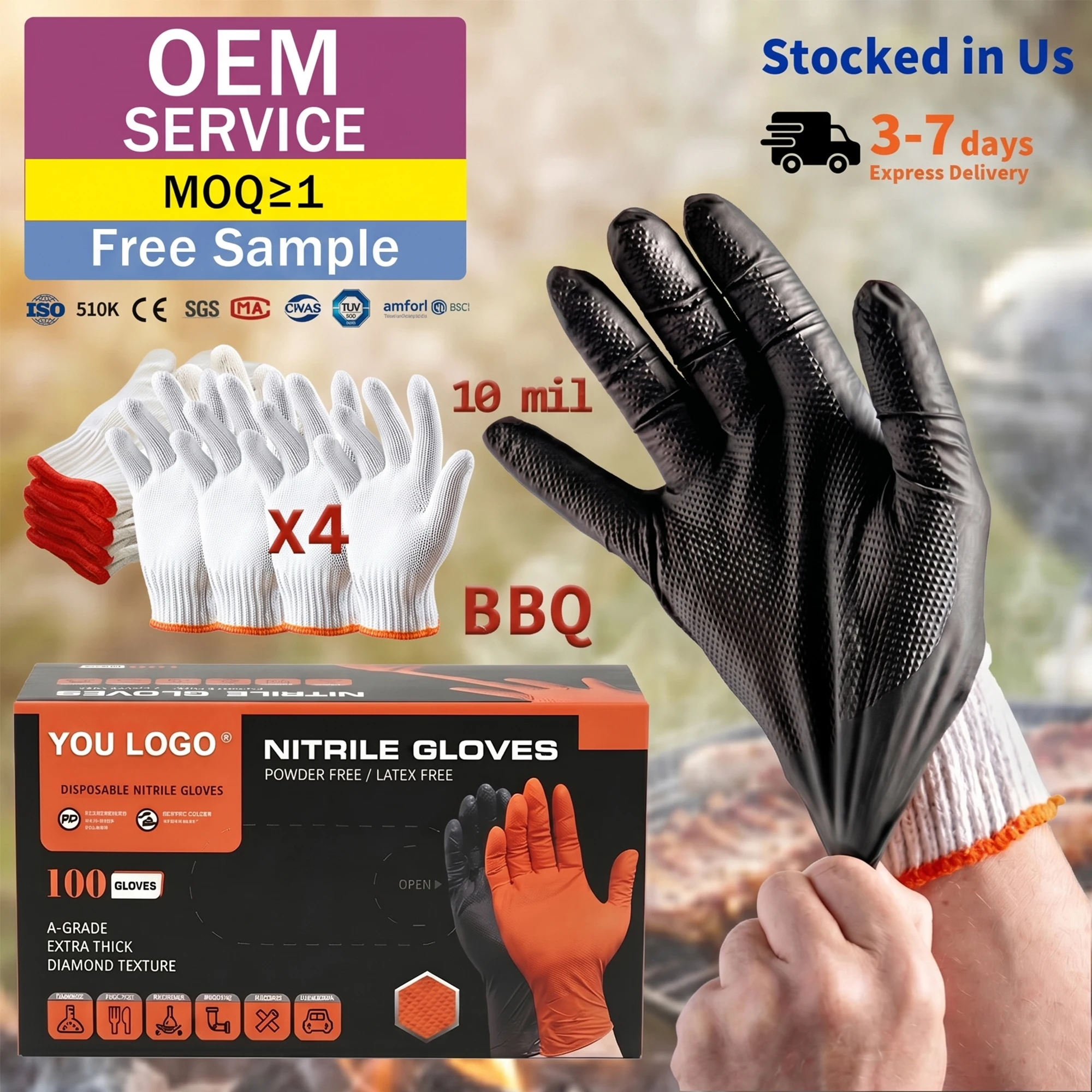 ANBOSON AQL1.5 EN374 BBQ Black 10mil Diamond Grip Nitrile Gloves Meat Processing Butcher Food Grade Guantes De Nitrilo Heavy Duty 1 ANBOSON AQL1.5 EN374 BBQ Black 10mil Diamond Grip Nitrile Gloves Meat Processing Butcher Food Grade Guantes De Nitrilo Heavy Duty