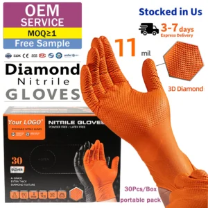 ANBOSON 11Mil EN374 Orange Nitrile Gloves Diamond Texture Heavy Duty Disposable Gloves 30pcs/box Outdoor Work Agriculture 8Mil 10Mil