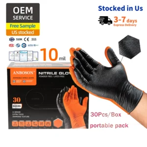 ANBOSON 10 Mil Diamond Grip Disposable Nitrile Gloves Black for Heavy Duty Automotive Chemical Use Food Touch Screen Anti-Static